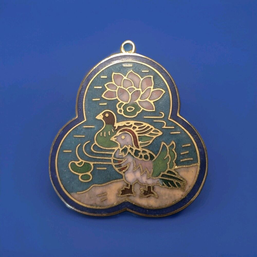 Vintage Chinese Cloisonné Style Enamel Mandarin Duck & Lotus Pendant